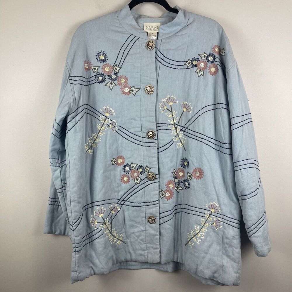 Cedar‎ Canyon Womens Floral Embroidered Jacket Large Blue Linen Blend Cottage